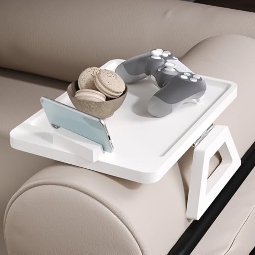 Couch Arm Tray with 360°Phone,Bamboo Folding Sofa Tray,Sofa Armrest Trays Clip-On Couch Desk for Drinks,Snacks,Phone,Remote Control（White）