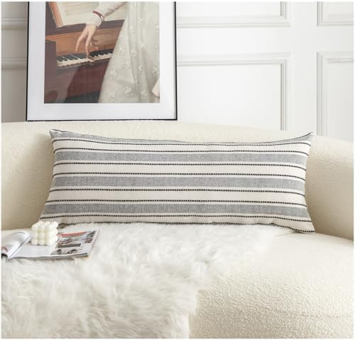 Cethom Decorative Boho Lumbar Pillow Covers, Modern Farmhouse Couch Pillowcase, 14 x 36 Long Accent Body Throw Pillow Covers, Sofa Bed Living Room Decor Cushion Case, Black and Beige, Pack of 1