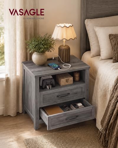 VASAGLE Farmhouse Nightstand with Charging Station, 2 Drawers, Open Shelf