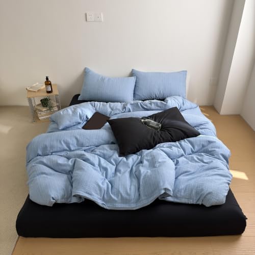 3Pcs Retro Blue Stripes Textured Duvet Cover Set Full Size, Zipper & Ties