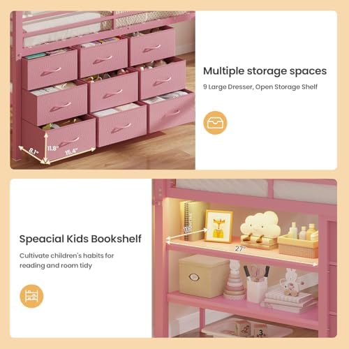 Low Loft Bed Twin Size with 9 Storage Drawers, LED Lights Loft Bed