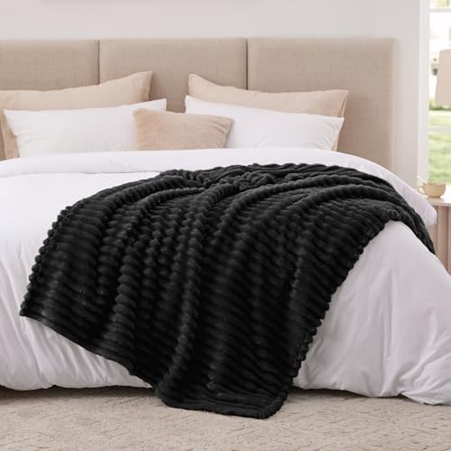 EXQ Home Stripe Twin Size Throw Blanket Black for Couch Gentle Soft Fleece
