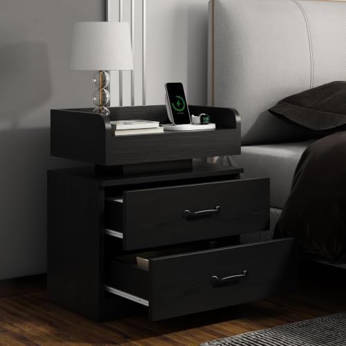 4ever2buy Black Nightstand with Charging Station and LED Lights
