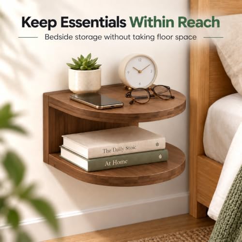 Bamboo Floating Wall Mounted Nightstand Wall Storage Shelf (1, Walnut)