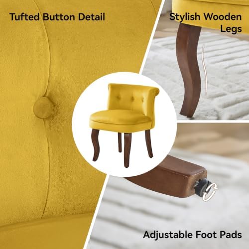 WUTUTUEE Velvet Vanity Chair with Back, Tufted Upholstered Vanity Stool with Solid Wood Legs, Mid Century Small Makeup Chair for Vanity, Accent Chair for Bedroom, Living Room, Yellow
