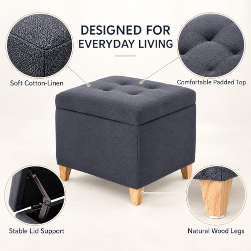 Adeco Storage Ottoman Bench with Hidden Storage, Dark Grey Cotton Linen Upholstered Tufted Footstool with Solid Wood Legs and Hinged Lid, 17.7" Square Cube for Living Room, Bedroom, Entryway