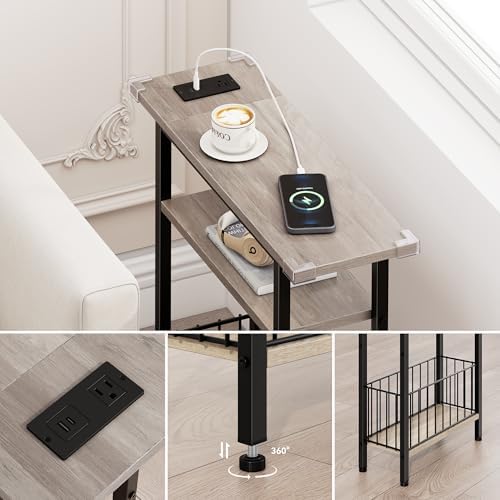 Vagusicc Narrow Side Table with Charging Station, Skinny Side End Table for Couch, 3-Tier Small End Tables for Small Spaces, 25.2" Tall Slim Nightstand Bedside Table for Living Room, Bedroom, Greige