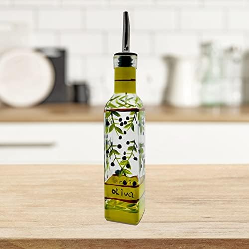 Hand Painted Glass Oliva Branch Oil/Vinegar Glass Cruet for Kitchen, 8 oz Olive Oil Dispenser With Stainless Steel Spout for Easy Pouring