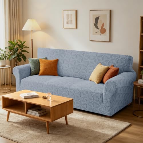 ZNSAYOTX Stretch Couch Cover, 1 Piece Sofa Covers for 3 Cushion Couch, Jacquard Sofa Slipcovers with Elastic Bottom Thickened Furniture Protector for Dog Cat Pet (Large, Light Grey)