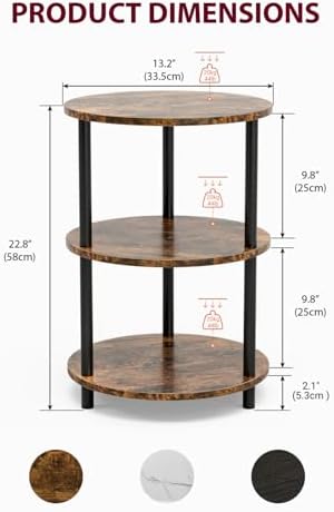 XBurmo Small Round End Table - 3 Tier Design Accent Table, Narrow Side or Bedside Stand, Industrial Vintage Nightstand for Bedroom, Living Room, or Small Spaces, Set of 2, Rustic Brown
