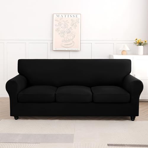 SearchI Stretch Sofa Cover Couch Cover, 4 Pieces Sofa Slipcover with 3 Separate Cushion Cover, Washable Furniture Protector for Living Room(Sofa, Black)