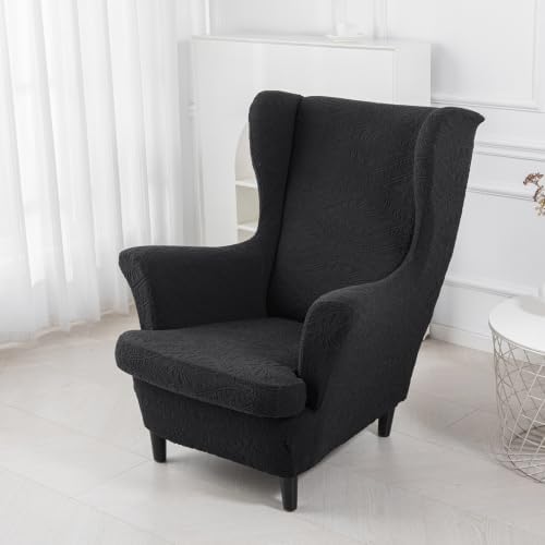 HZDHCLH Wingback Chair Slipcovers 2 Piece Stretch Spandex Chair Covers Washable Armchair Protector with Elastic Fit for Living Room Bedroom Black Embossed Leaf Pattern