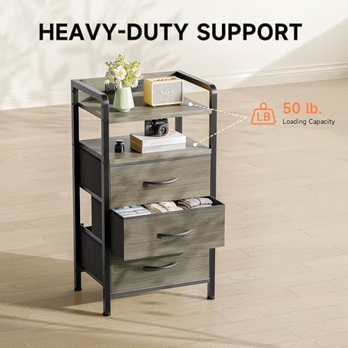 Lazzanto Nightstand with Rear Charging Station, LED Light, 3 Drawers, Grey
