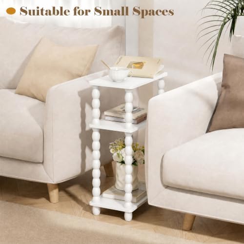 3-Tier Narrow Side Table, Skinny End Table with Wood Spindle Legs White