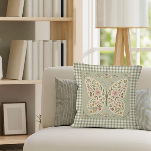 Cottagecore Floral Butterfly Throw Pillow Cover 18x18, Baby Girl Nursery Decorative Pillow Covers for Kids Toddler Girls Room Bedroom, Vintage Green Gingham Plaid Accent Pillows Cover Pillowcases