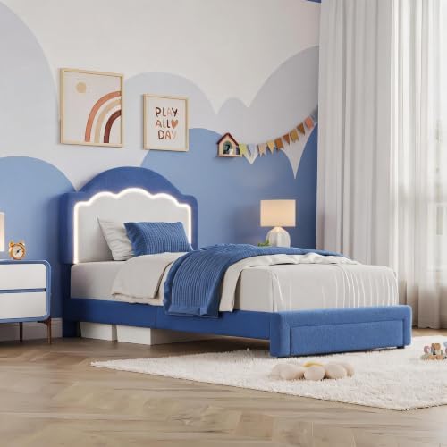 Twin Size Kids Upholstered Platform Bed Frame with Adjustable LED Headboard