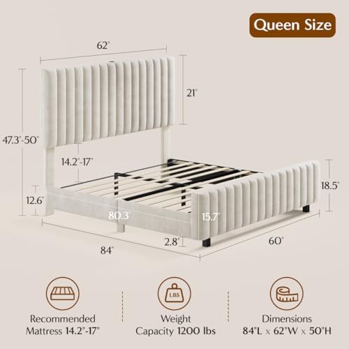 50" Tall Queen Bed Frame with Adjustable Headboard, Upholstered Platform Bed Frame Queen Size with Charging Station & LED Lights, Modern Luxury Velvet Tufted Bed, No Box Spring Needed, Beige