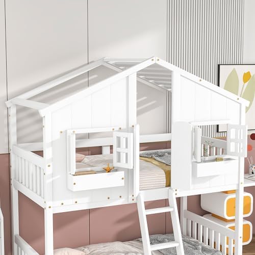 Twin Over Twin House Bunk Bed with Roof and Window, White