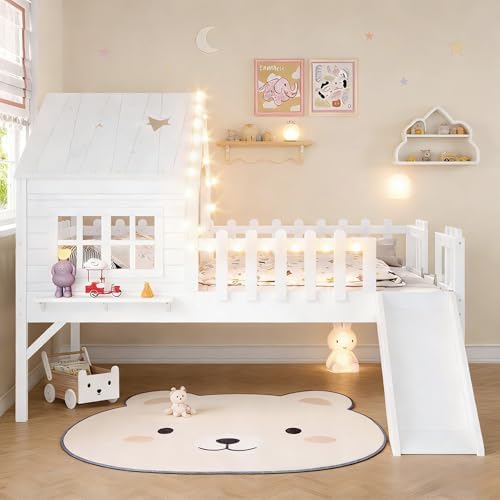 Full Loft Bed with Slide and Ladders, Solid Wood Low Loft Bed with Little Tray, Lights, Playhouse Roof, House Loftbed Frame for Kids, Boys, Girls, Childlike and No Box Spring Needed Design, White
