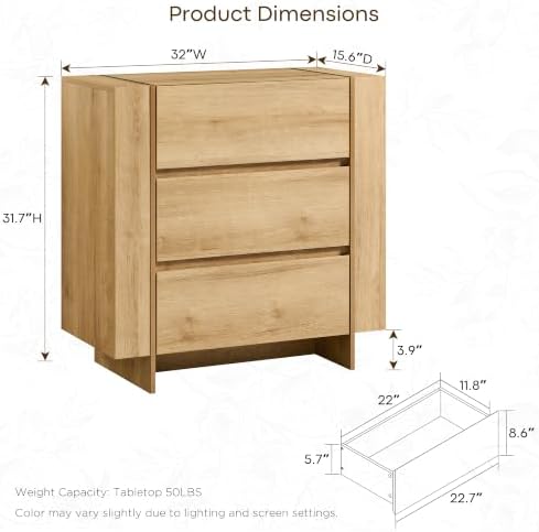 OKD 32” Large Modern 3 Drawer Dresser for Bedroom