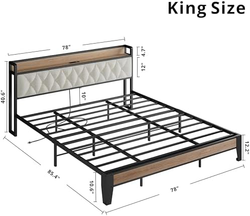 ANCTOR King Size Bed Frame with Headboard & Charging Station,Wood and Cream