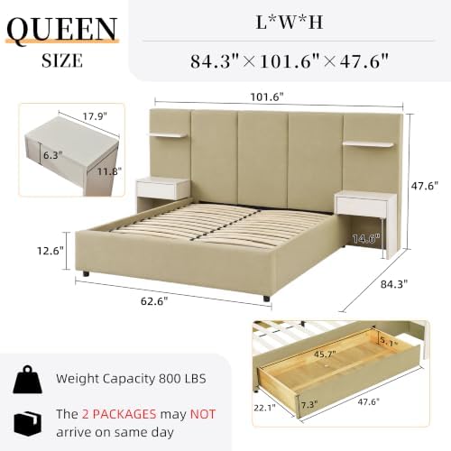 Queen Size Bed Frame with Storage & Built-in Nightstands & Drawers, Stone