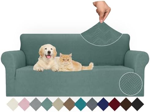 JIVINER Stretch Sofa Covers 1 Piece Couch Covers for 3 Cushion Couch Sofa, 3 Seater Sofa Slipcovers Furniture Protector with Elastic Bottom for Kids, Pets (Pea Green, Sofa)
