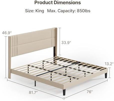 Gizoon King Bed Frame with Wingback Headboard, Upholstered Platform Bed