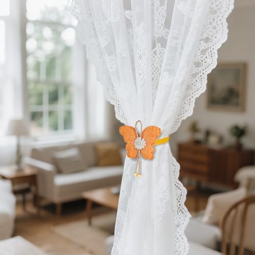 4 Pcs Cute Butterfly Curtain Holdbacks,Magnetic Curtain Tie Backs Decorative Rope for Living Room Bedroom Kitchen Bathroom Decoration (Orange)