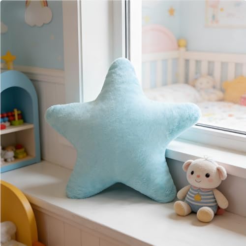 Star Shaped Throw Pillows Set of 2, Cute Plush Decorative Pillows with Fluffy Faux Rabbit Fur, Soft Star Cushion for Sofa Couch Bed Living Room Bedroom Home Decor (Blue, 15.7")