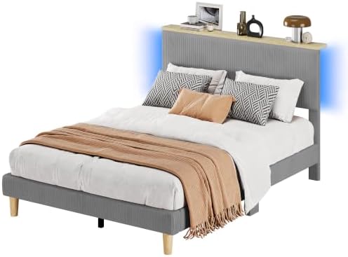 Bestier Queen Size Bed Frame with Headboard Shelf & LED, Upholstered, Grey