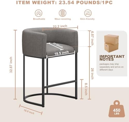 26" H Counter Height Bar Stools Set of 1, Modern Barrel Counter Stools with Backrest and Arms, Linen Fabric Upholstered Accent Barstools for Kitchen Island,Support 450 LBS (Gray)