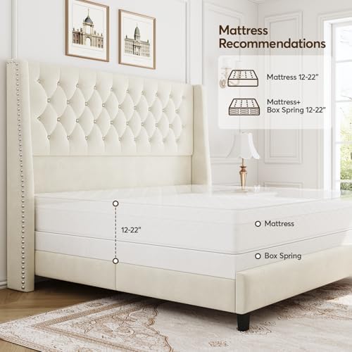 Queen Upholstered Bed Frame, 55.4'' Tall Headboard with Wingback