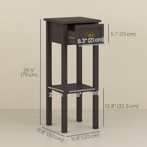 HOMCOM Narrow End Table with Drawer and Bottom Shelf Set of 1 Coffee
