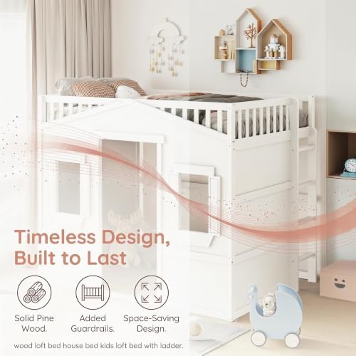 Bellemave Full Loft Bed with Ladder, Solid Pine Wood Frame, 400LBS Capacity
