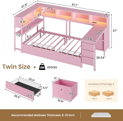 DICTAC Corner Twin Bed Frame with Desk,Charging Station and Bookcase Storage Pink Bed Frame for Girls with Storage Drawers and Led Lights Twin Size Daybed with Open Shelves,No Box Spring Needed