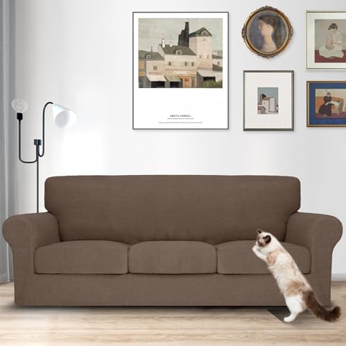 MAXIJIN 4 Piece Couch Covers for 3 Cushion Couch Sofa Covers, Stretch Couch Slipcovers for Sofas with 3 Cushions, Thick 3 Seat Furniture Protector for Pet Dogs (71"-91", Brown New)