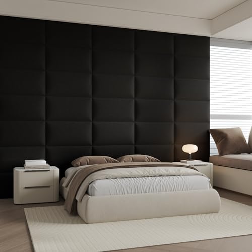 Compact Black Linen Wall-Mounted Headboard 24x12 Inch 6-Panel Kit - Space-Saving Design for Queen Beds, Non-Damaging Installation