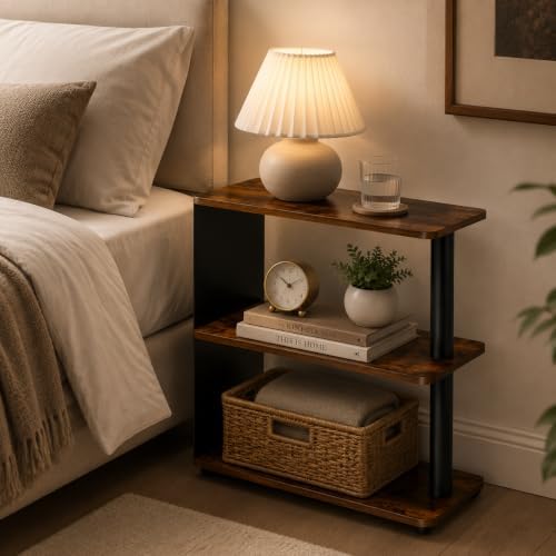3-Tier Narrow End Table, Industrial Slim Side Table, Rustic Brown