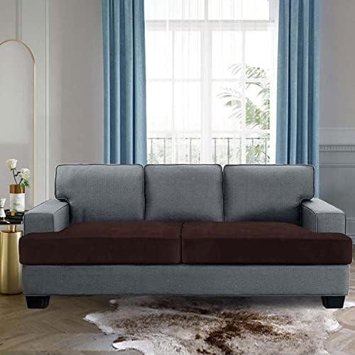 H.VERSAILTEX Stretch Velvet 2 Piece T Cushion Sofa Slipcovers - Individually Fitted Cushion Covers for 2 Couch Seat Cushions, Stay in Place (Brown)