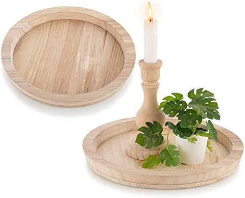 Hanobe Unfinished Round Wooden Craft Trays for DIY, 2PC Decorative Plate