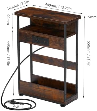 YEAKOO Narrow Side Table with Charging StationSmall Spaces Narrow End Table