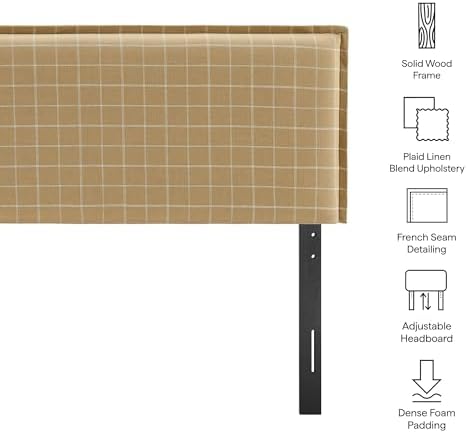 Modway Camille Full Size Checkered Linen Blend Plaid Headboard with Removable Slipcover – in Artichoke Windowpane Check - Padded Pillow Style Headboard with Adjustable Mounting for Full Beds