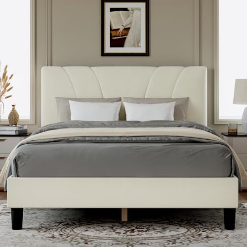 Novilla Full Size Bed Frame with Headboard, Full Bed Frame with Wooden Slats Support, Velvet Upholstered Headboard, No Box Spring Needed, Heavy Duty Feet, Easy Assembly, White Velvet