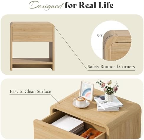 AMERLIFE Nightstands Set of 2 with Storage Drawer & Shelves, Oak