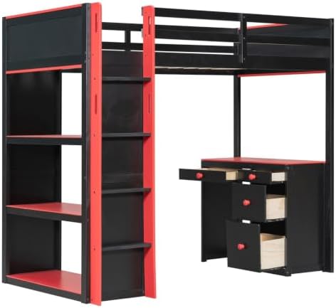 LUMISOL Twin Gaming Loft Bed with Desk and Storage Shelves, Solid Wood Loft Bed with Drawers and Computer Desk for Teens, Space Saving High Loft Bed Frame for Kids Bedroom Red