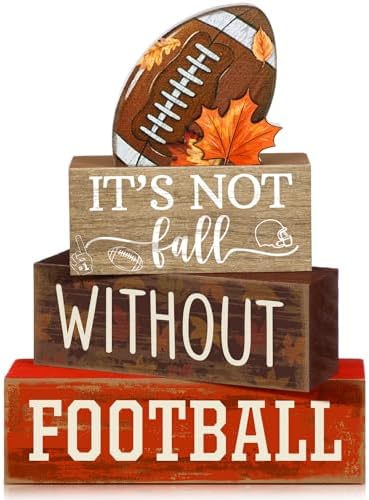 Yuntau 4 Pcs Fall Football Decor Rustic Wooden Blocks Table Centerpiece