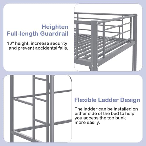 VECELO Loft Bed Twin Size, Metal Bedframe with Removable Ladder and Safety Guardrail, No Box Spring Needed, Space Saving, Noise Free, Light Grey