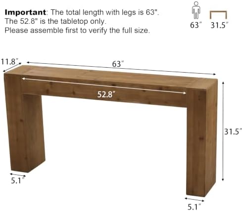 63" Solid Wood Console Table for Entryway, Long Farmhouse Sofa Table