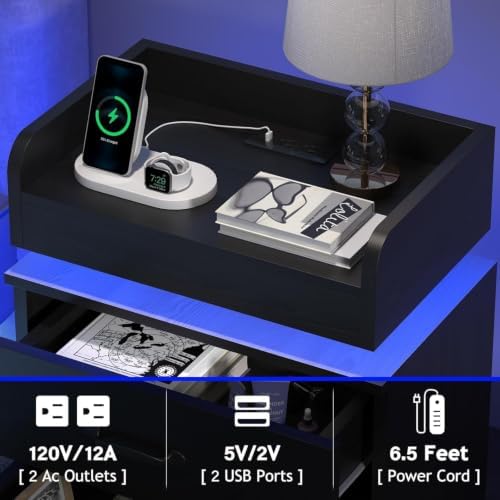 4ever2buy Black Nightstand Set of 2 with Charging Station and LED Lights